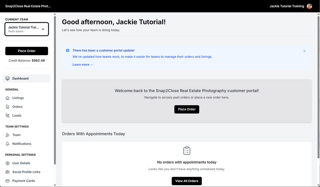 Snap2Close Real Estate Photography Dashboard Screen View.