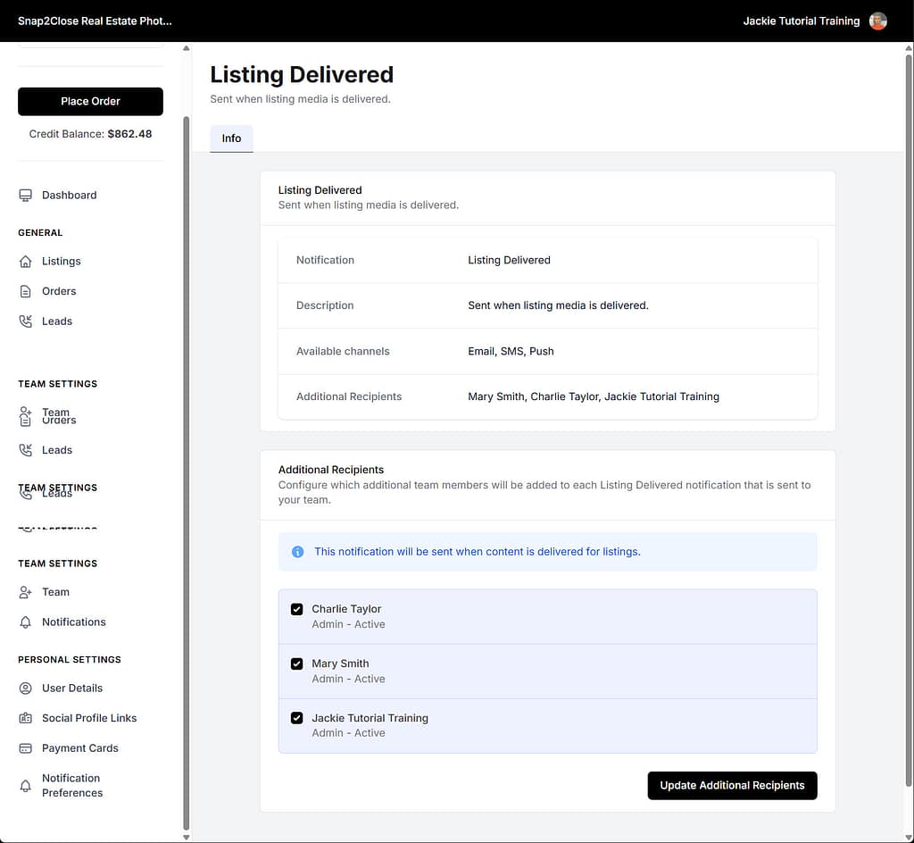 Snap2Close Real Estate Photography Portal Team Notifications