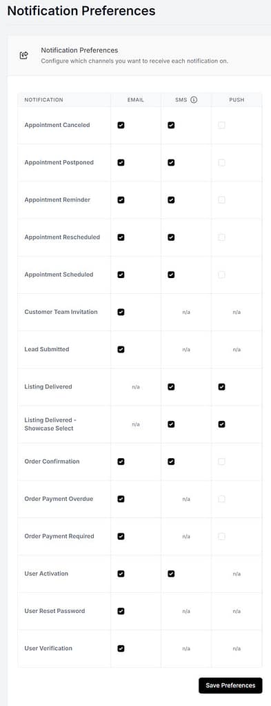 Personal Notification Preferences for real estate photoshoots.