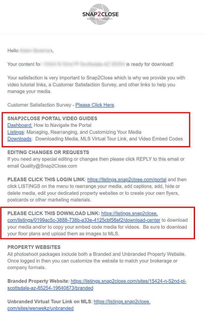 Delivery email from Snap2Close Real Estate Photography