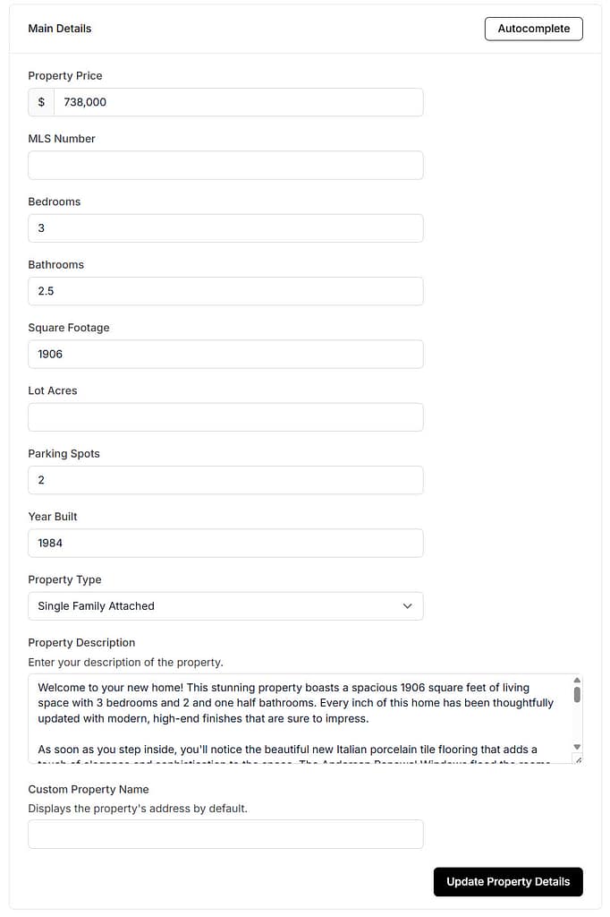Marketing Property Status Main Details