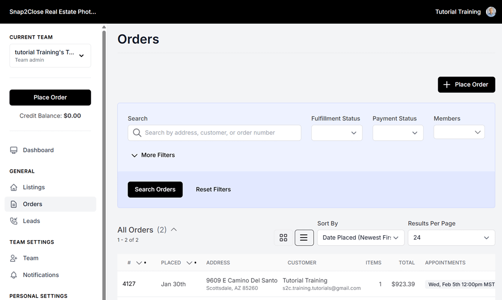 Orders-dashboard for Snap2Close Real Estate Photography